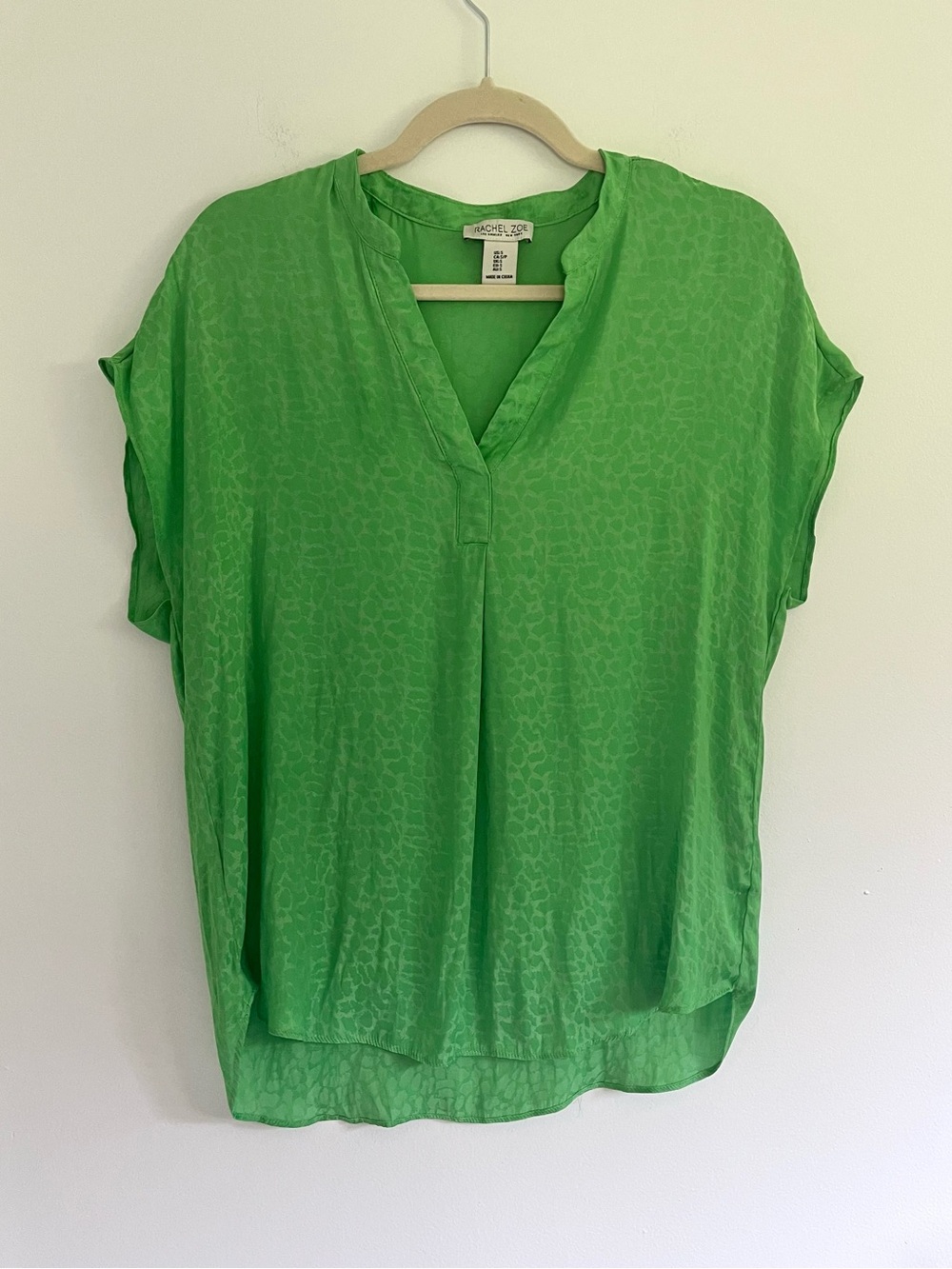 Rachel Zoe Lime Green V-Neck Short Sleeve Leopard Print Blouse Top Preppy Summer